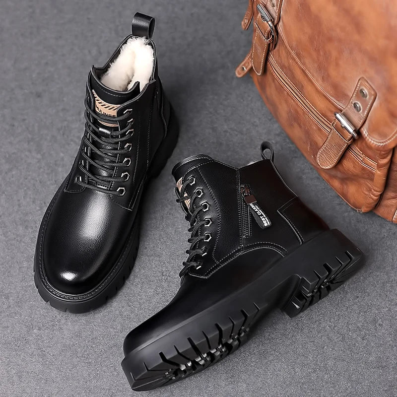 Autumn winter classic warm snow boots men's thick soles non-slip work boots men's outdoor casual shoes big head leather shoes - Sun Studio