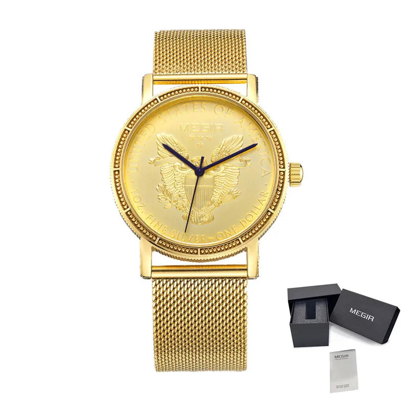 MEGIR Luxury Business Watches for Men Gold Steel Mesh Strap Man Quartz Watches Waterproof Wristwatch Clock Reloj Hombre 2032 - Sun Studio