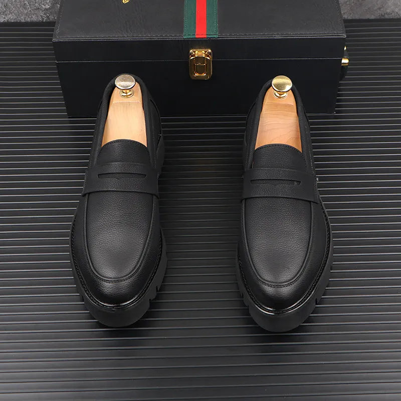 men casual genuine leather shoes slip-on driving shoe business wedding formal dress black trendy platform loafers mans footwear - Sun Studio