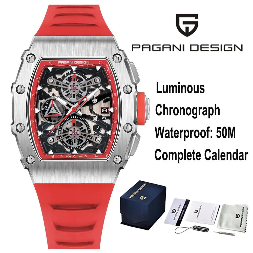 PAGANI DESING Men's Quartz Watches Skeleton Dial 100M Waterproof Sport Rectangle Sapphire glass Watch for Men - Sun Studio