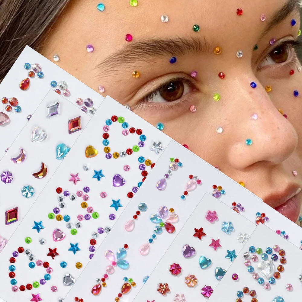 1Sheet 5D Mixed Shell Aurora Rhinestone Girl Face Stickers Hollow Star/Moon/Heart Self-Adhesive Cute Girl Make Up Diamond Decal - Sun Studio