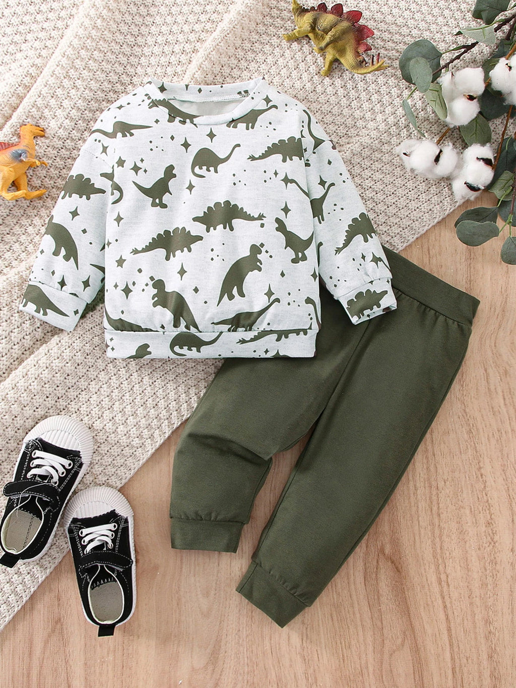 Spring and Autumn Two-Piece Baby Boy Sports Leisure Comfortable Dinosaur Pattern Long Sleeve Top Army Green Pants Suit - Sun Studio