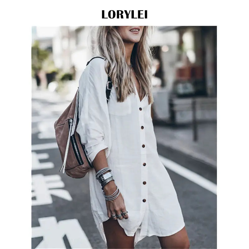 Women Summer Fashion Beach Tops Swimsuit Cover Up Summer Long Sleeve White Pocket Button Front Open Shirt Dress N648 - Sun Studio