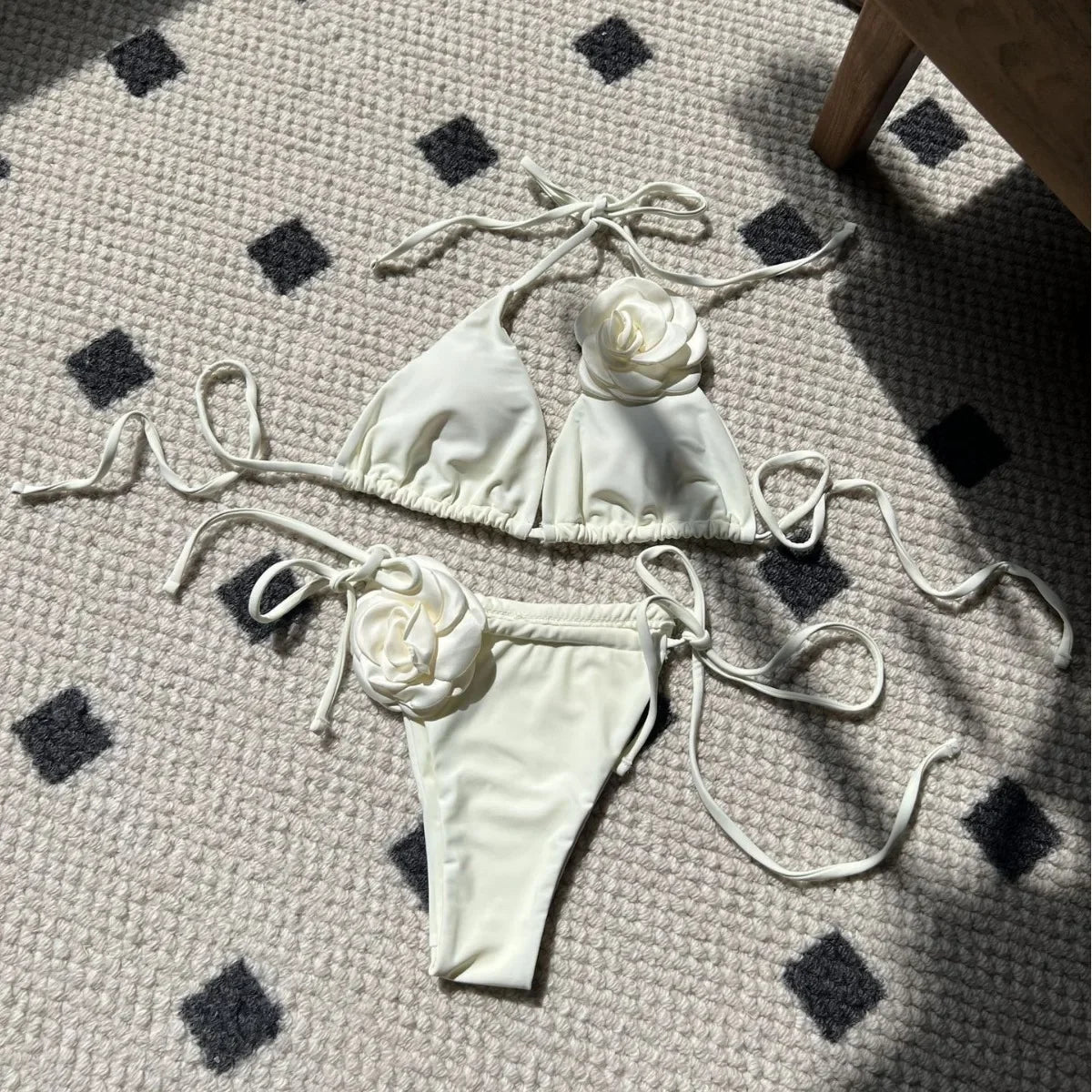 Sexy 3D Flower Black Triangle Bikinis Sets Micro Thong Swimsuit Women String Halter Bathing Suit Bikini 2025 Mujer Biquinis Swim - Sun Studio