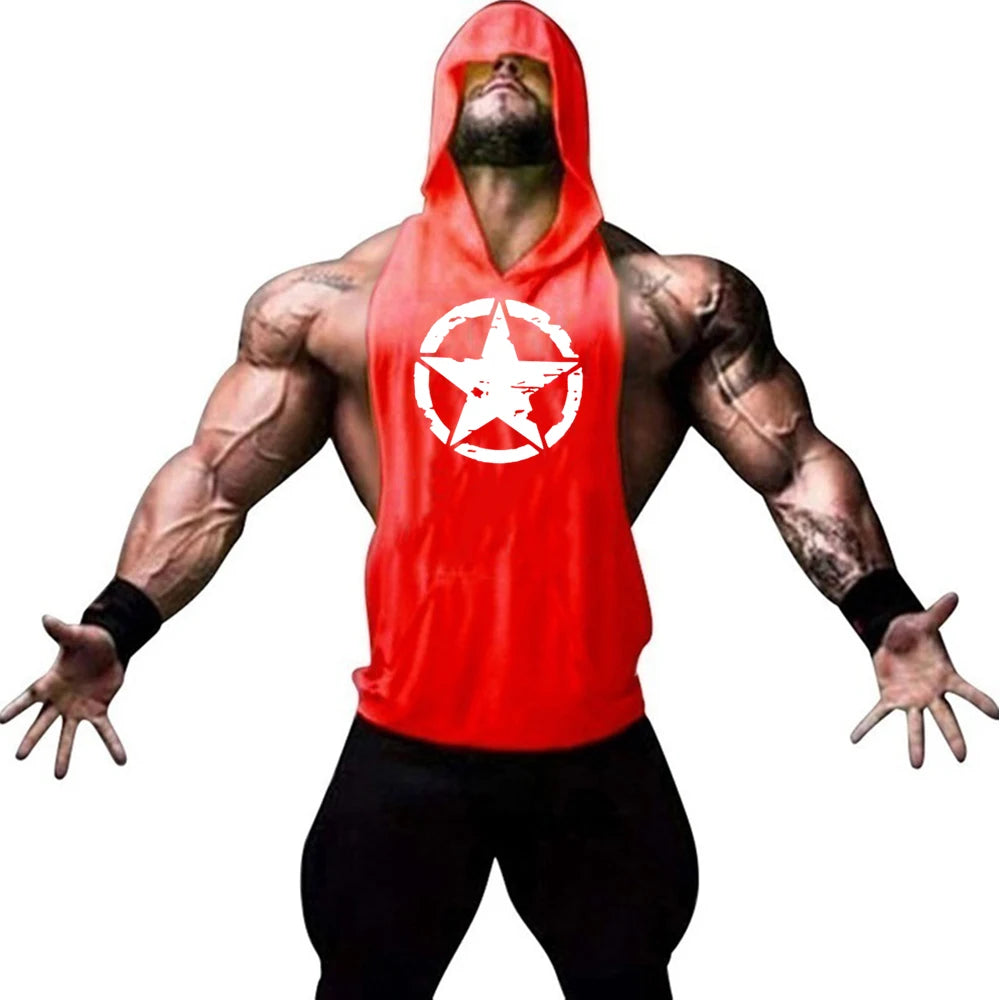 Fitness muscle vest sleeveless hooded men's summer gym sports hooded sweatshirt training sweat absorbing short sleeved vest - Sun Studio