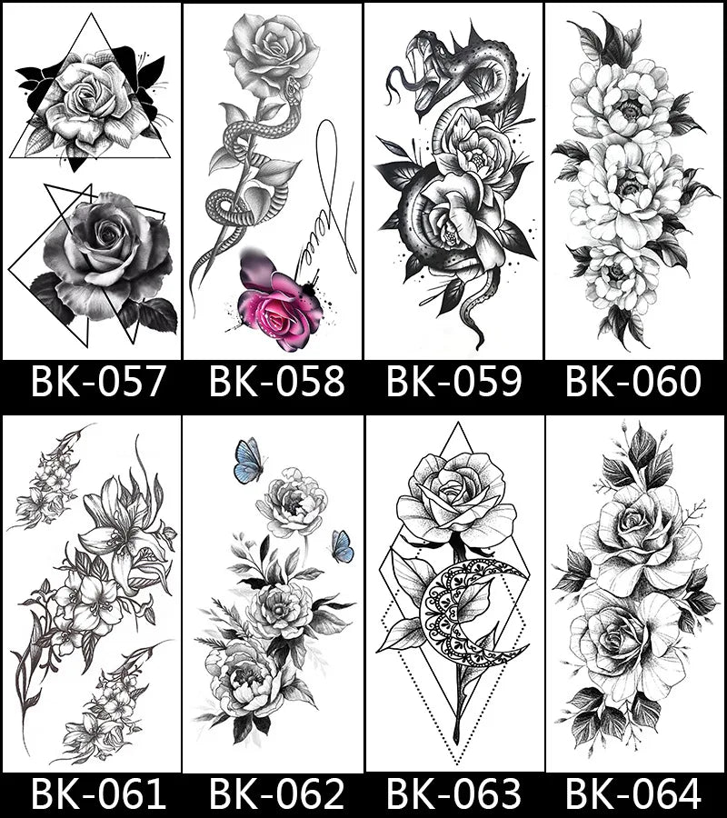 Black White Temporary Transfer Tattoos Floral Butterfly Lettering Line Art Waterproof Body Stickers for Music Festival Party - Sun Studio