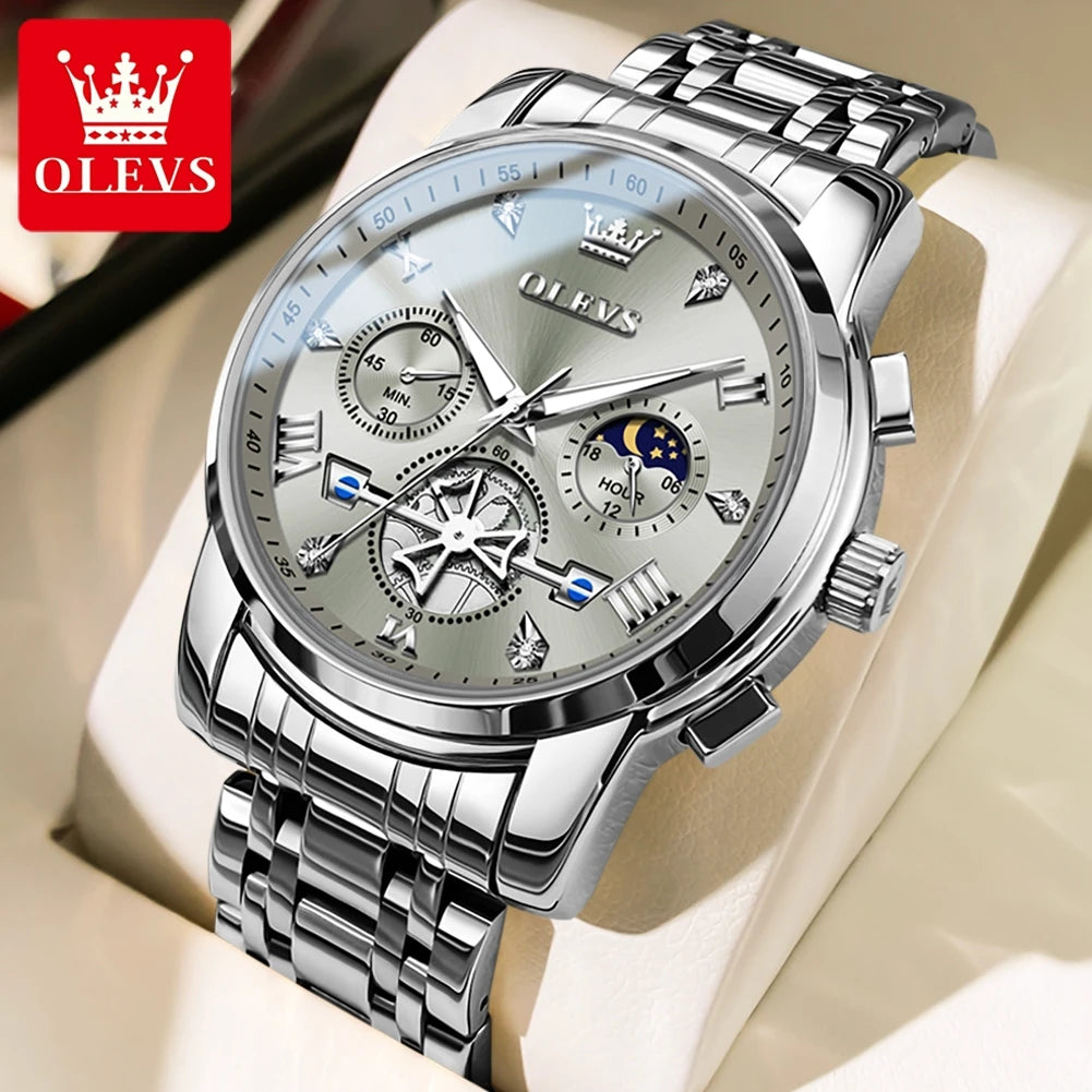 OLEVS Men's Watches Classic Multifunctional Flywheel Design Stainless steel Waterproof Moon Phase Men's Wristwatches 2024 Trend - Sun Studio