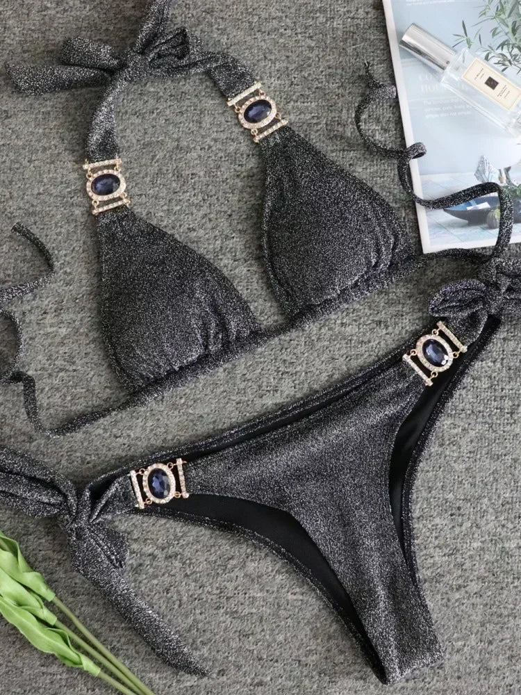 Halter Rhinestone Diamond Bikini Women Swimsuit Female Bikinis Metal Chain Swimwear Two Pieces Bikini Set Bathing Suit Swim Lady - Sun Studio