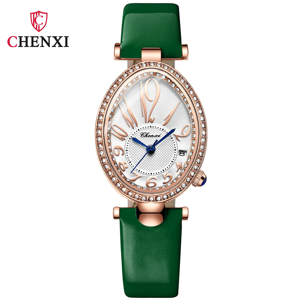 Luxury Watch For Women Diamond Waterproof Quartz Ladies Watches Fashion Elegant Oval Calendar Wristwatche Leather Strap - Sun Studio