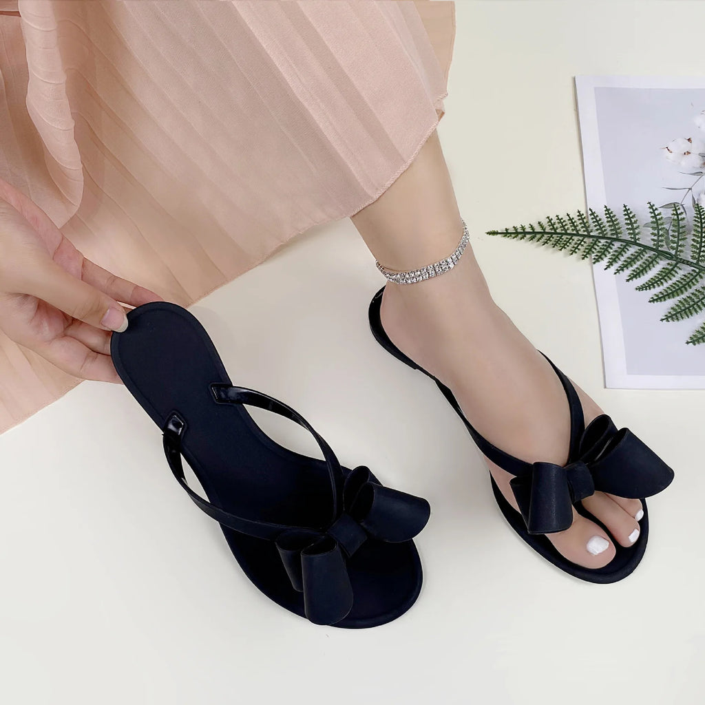 Summer Beach Sandals for Women Slippers New Pure Color Slip on With Bow Tie Adult Flat Bottom Flip Flops Walking Thong Sandals - Sun Studio