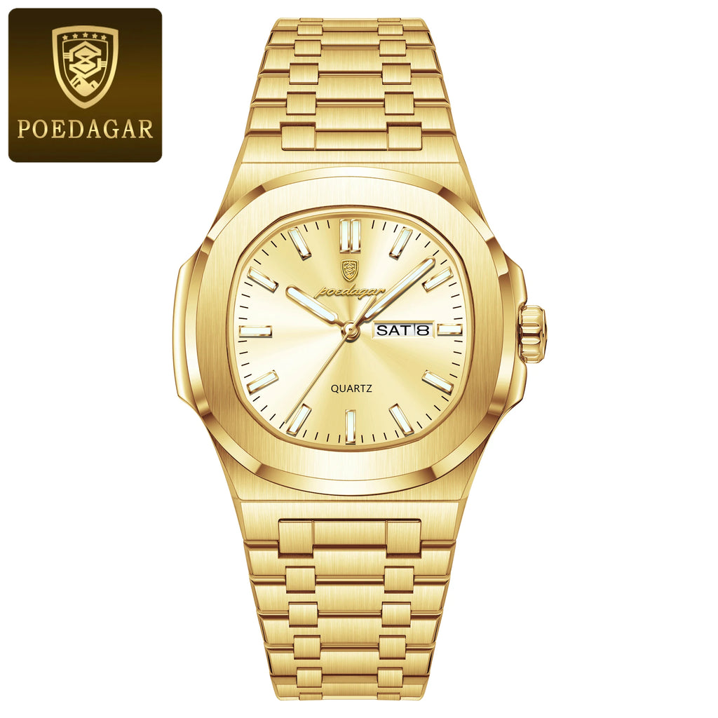 POEDAGAR Luxury Square Men's Watches Waterproof Luminous Date Week Men Watch Stainless Steel Fashion Quartz Man Wristwatch Reloj - Sun Studio
