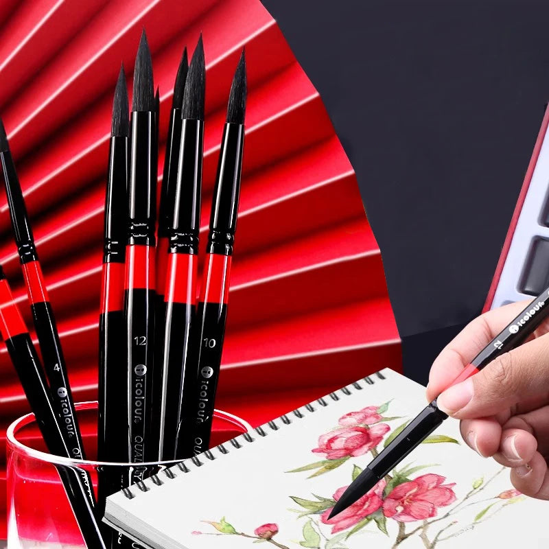 IColour Professional Squirrel Hair Painting Brush Set Black Handle Round Brush Watercolor Acrylic Gouache Oil Painting Brushes - Sun Studio