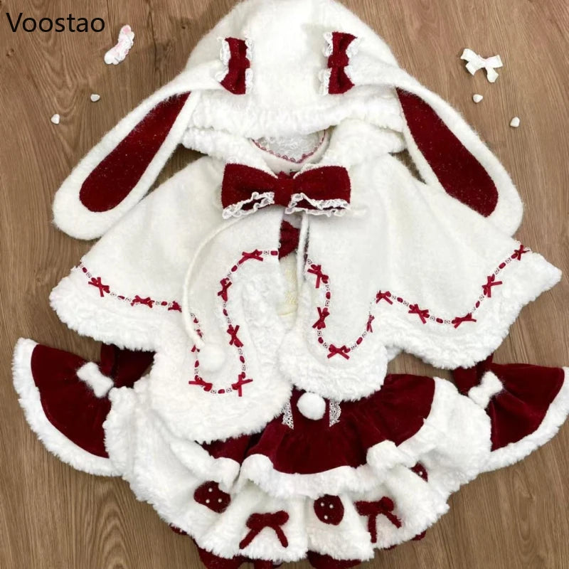 Autumn Winter Christmas Lolita Style 3 Piece Set Women Sweet Plush Bunny Ear Hooded Cloak Coat Bow Mini Dresses Y2k Cosplay Suit - Sun Studio