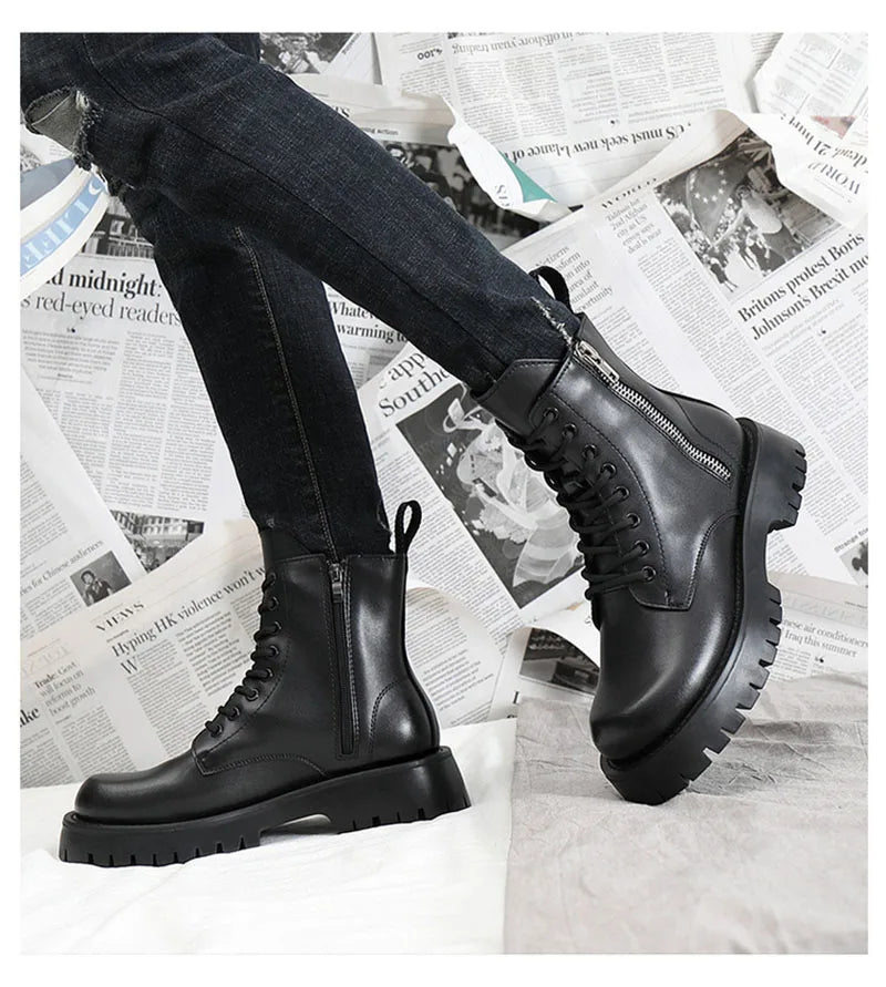 2025 Autumn Winter Shoes Men Leather Boots Thick Sole Non-slip Warm Plush Cold Winter Cow Leather Male Ankle Botas Black KA4867 - Sun Studio