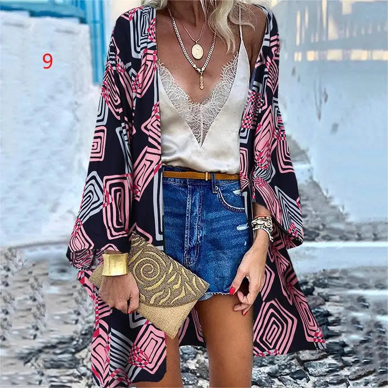 WeHello 2023 Summer Bohemian Casual Cloak Cardigan for Swimsuit woman Beach Swimwear Tops Long Sleeved Shawl Chiffon Shirt - Sun Studio