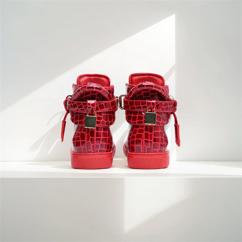 High-Top Sneakers Men Embossed Metal Lock Lace Red Metal Cow Leather Fashion Platform Casual Shoes High Quality - Sun Studio
