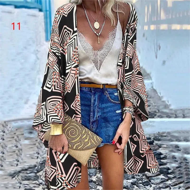 WeHello 2023 Summer Bohemian Casual Cloak Cardigan for Swimsuit woman Beach Swimwear Tops Long Sleeved Shawl Chiffon Shirt - Sun Studio