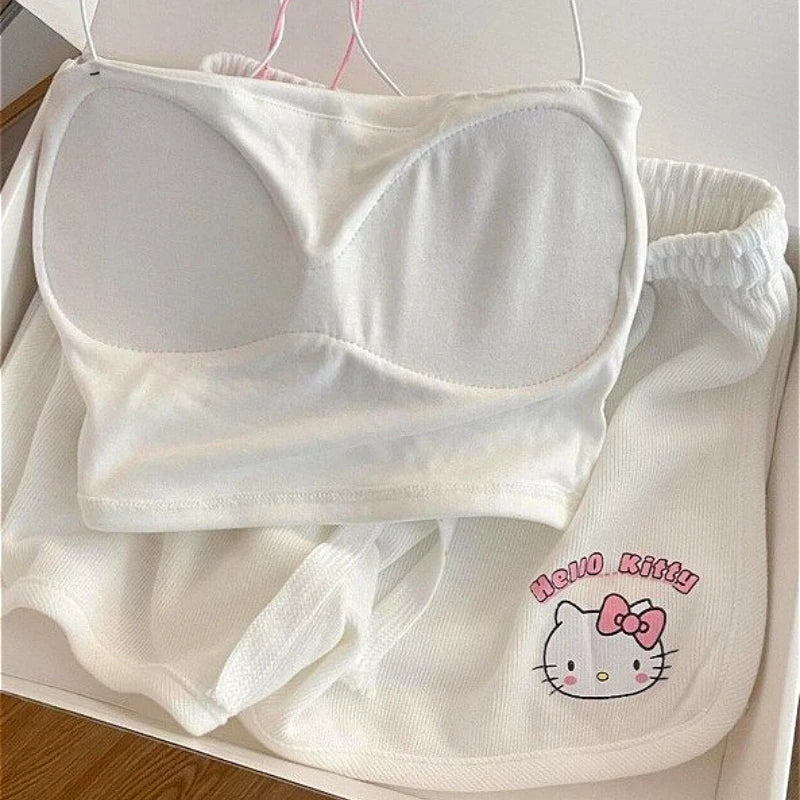 Kawaii Hello Kitty Cartoon Beach Swimsuit Sanrio Women Vest Shorts Suit Pajamas Homewear Casual Underwear Home Clothes Girl Gift - Sun Studio