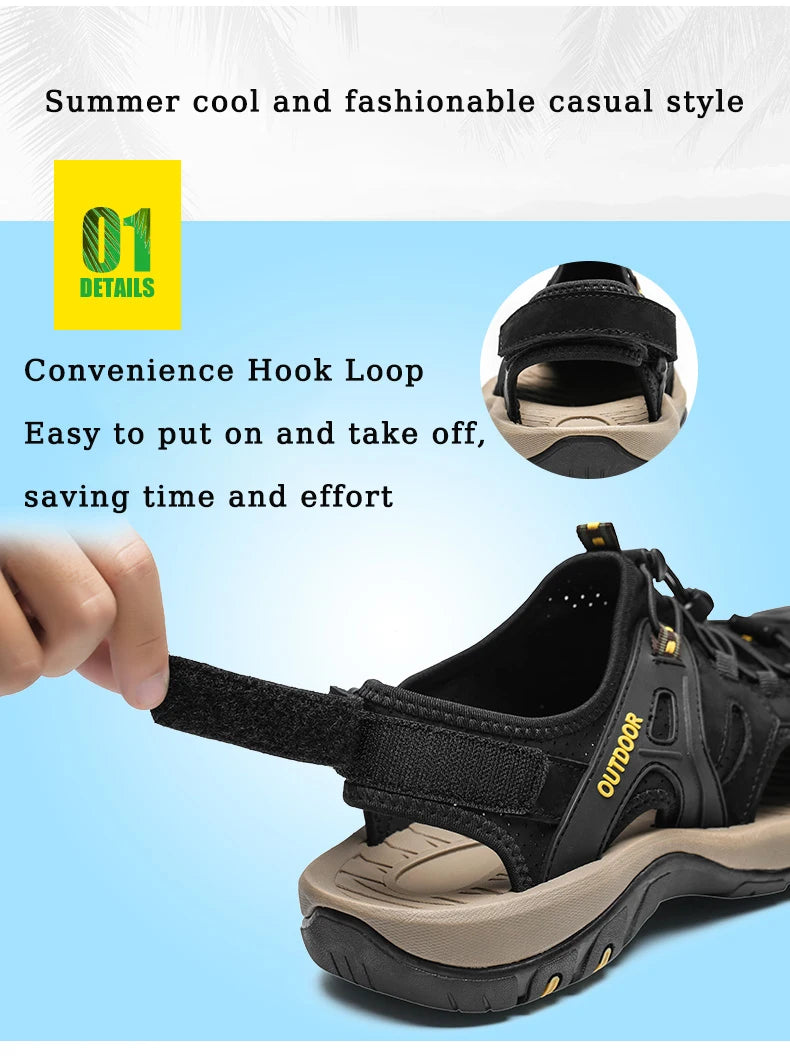 Men's Sandals Top Cowhide Upper Hollow Out Round Toe Outdoor Beach Walking Non Slip Durable Summer Beach Shoes Adjustable Buckle - Sun Studio