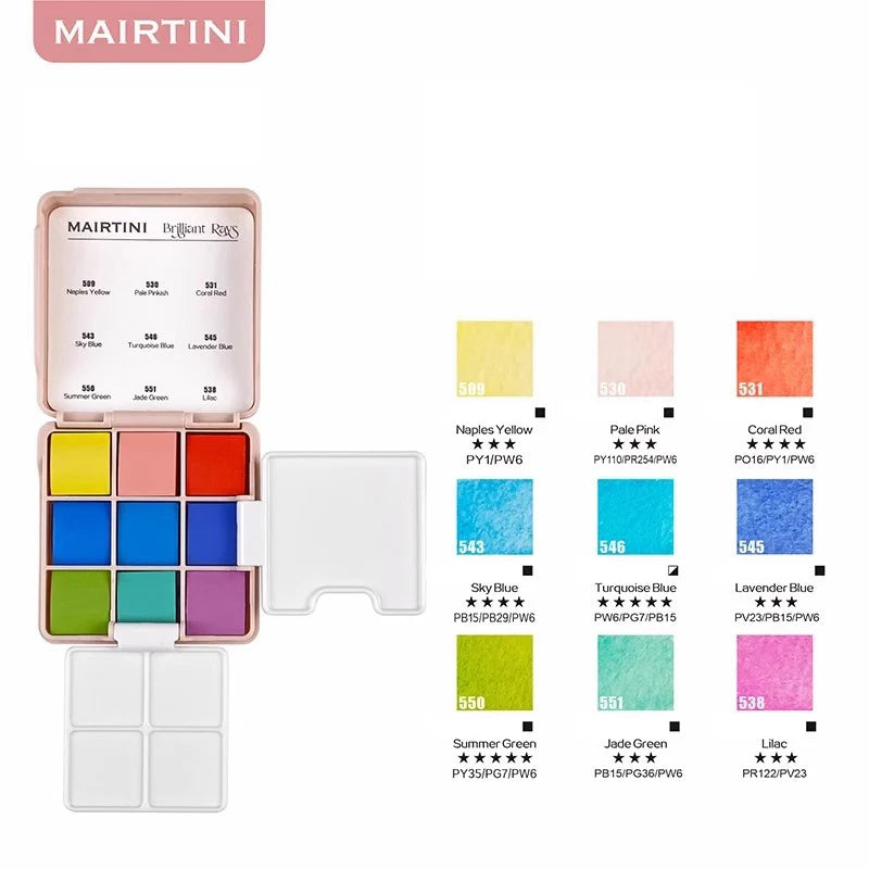 MAIRTINI Travel Watercolor Paint Set 9 Colors 100% Cotton Paper Mini Solid Water Color Paint With Palette Painting Supplies - Sun Studio