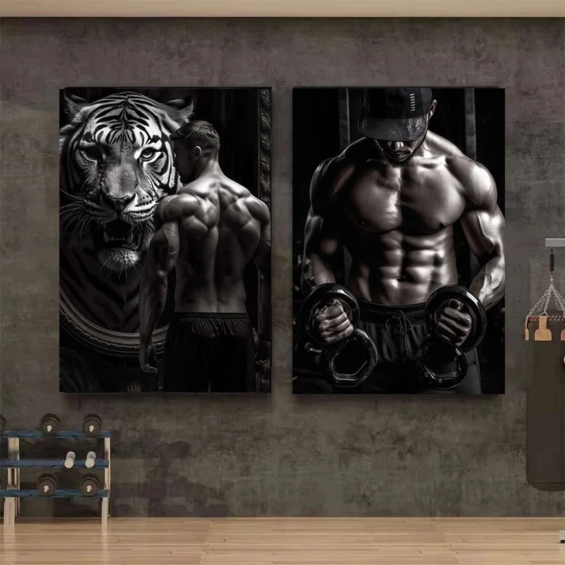 Gym Motivation Muscle Man with Tiger Bodybuilding Fitness Art Poster Canvas Painting Wall Print Picture for Home Gym Decor - Sun Studio