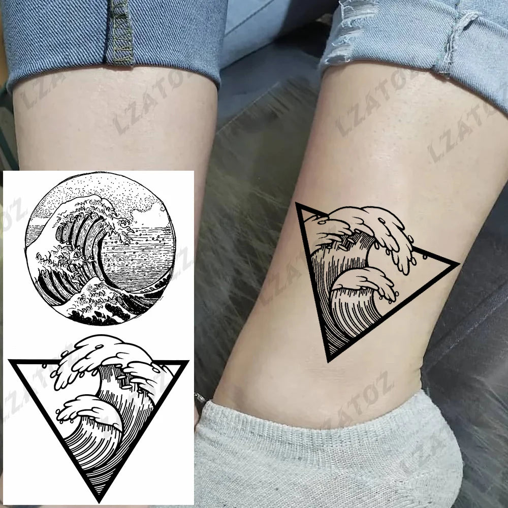 Unique Triangle Ocean Wave Temporary Tattoos For Men Women Realistic Tiger Lion Fake Tattoo Stickers Saying Transfer Art Tatoos - Sun Studio