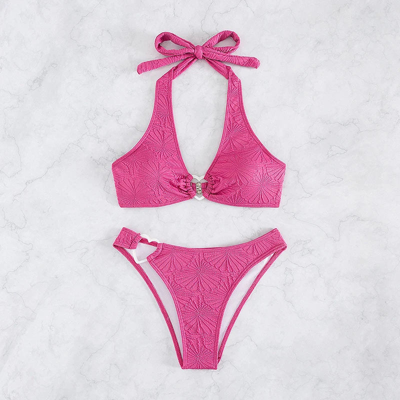 Fashion Jacquard Bikini Push Up Swimsuit Women Chic Heart Buckle Lace-up Triangle Halter Backless Thong Bikini Set Bathing Suit - Sun Studio