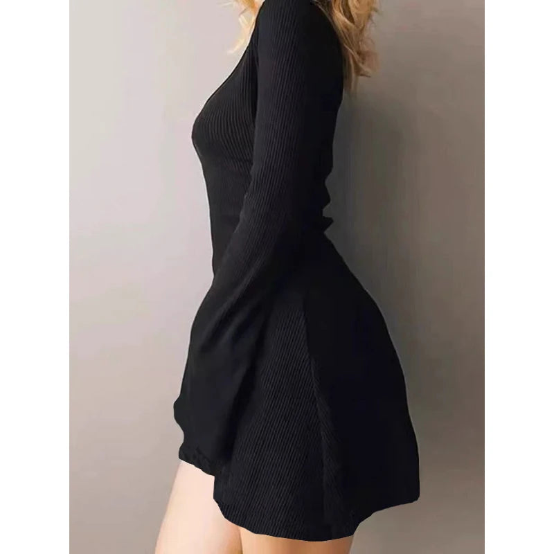 Elegant And Pretty Women Dresses Autumn Winter New Black Sexy Short Dress Female V Neck Long Sleeve Slim Solid Color Mini Dress - Sun Studio