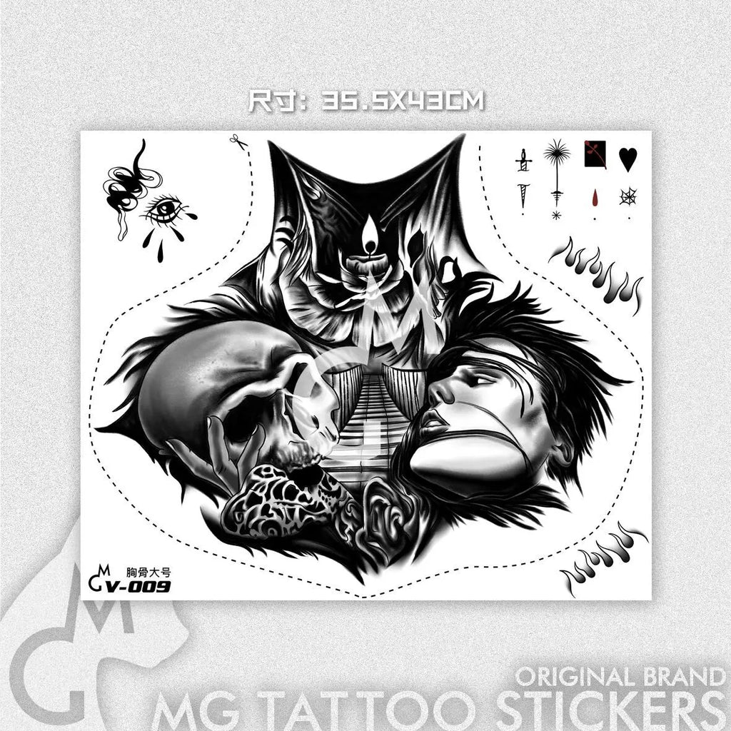 Lasting Skull Fake Tattoo for Woman Man Chest Art Tattoo Sticker Punk Skeleton Temporary Tattoos Waterproof Tatuajes Temporales - Sun Studio