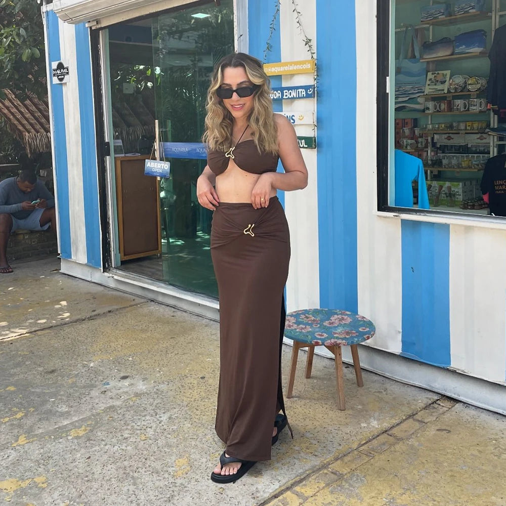 3 Pieces Bikini Set Bandeau Bikini 2024 Sexy Women Swimsuit Maxi Dress Female Swimwear Print Bathing Suit Beachwear Cover Ups - Sun Studio