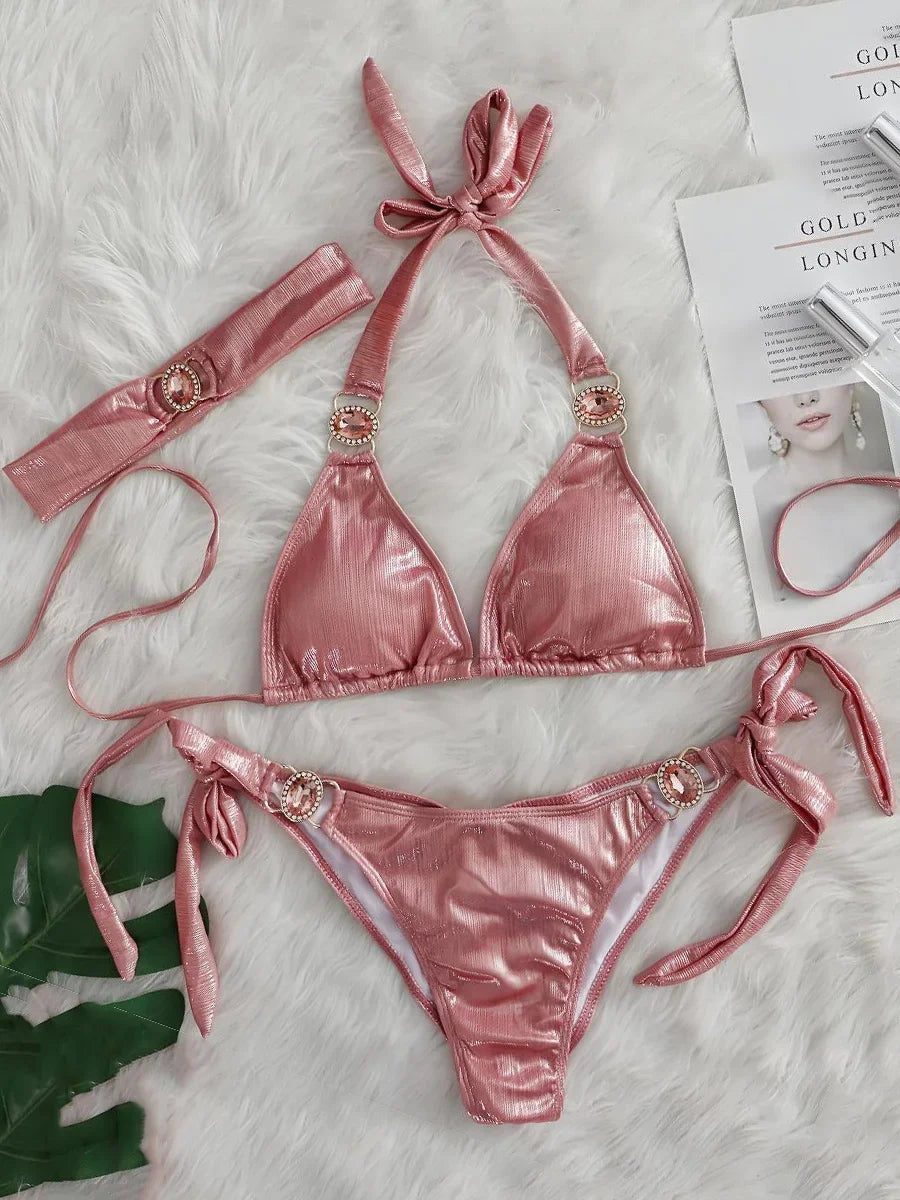 Halter Rhinestone Diamond Bikini Women Swimsuit Female Bikinis Metal Chain Swimwear Two Pieces Bikini Set Bathing Suit Swim Lady