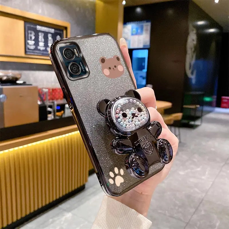E 7 E 13 Glitter Bling Bear Phone Holder Case On For Motorola Moto E7 Plus Power E13 E20 E22 E22i E32 EDGE 20 30 Stand Cover - Sun Studio