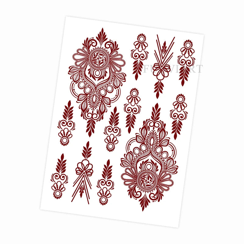 Waterproof Flower Hand Tattoo for Women Maroon Henna Tattoo Stickers for Hand Fingers Body Art Disposable Fake Tattoo Festival - Sun Studio