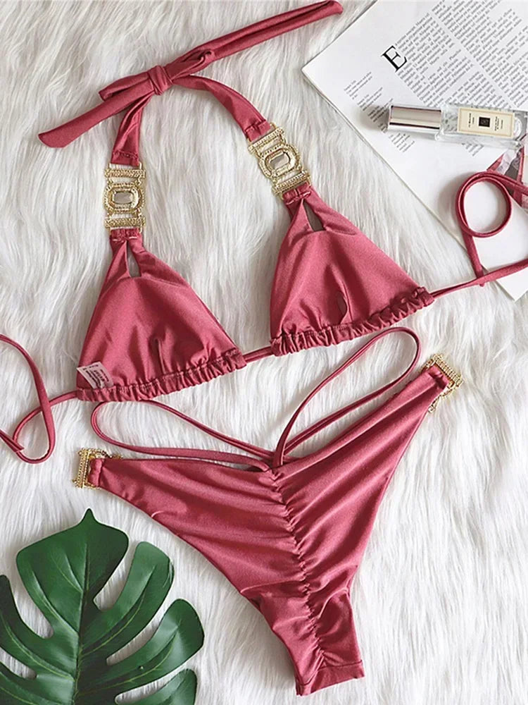Halter Jewelled Diamond Bikini Women Swimsuit Female Triangle Swimwear Two piece Bikini set Brazilian Bather Bathing Suit Swim - Sun Studio
