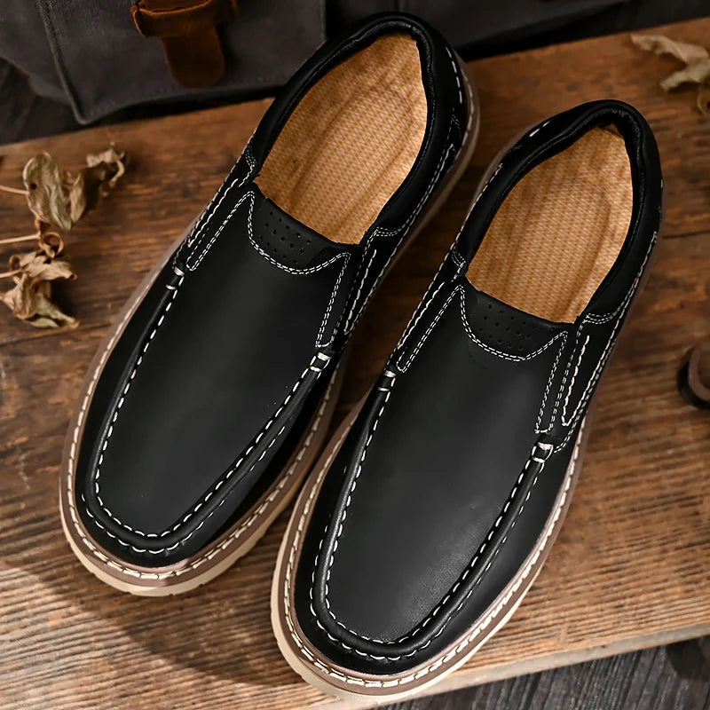 Trendy New Style Men's Genuine Leather Shoes Thick Soled Tooling Shoes Men's Oxford Shoes Lace Up Business Shoes Outdoor Loafers - Sun Studio