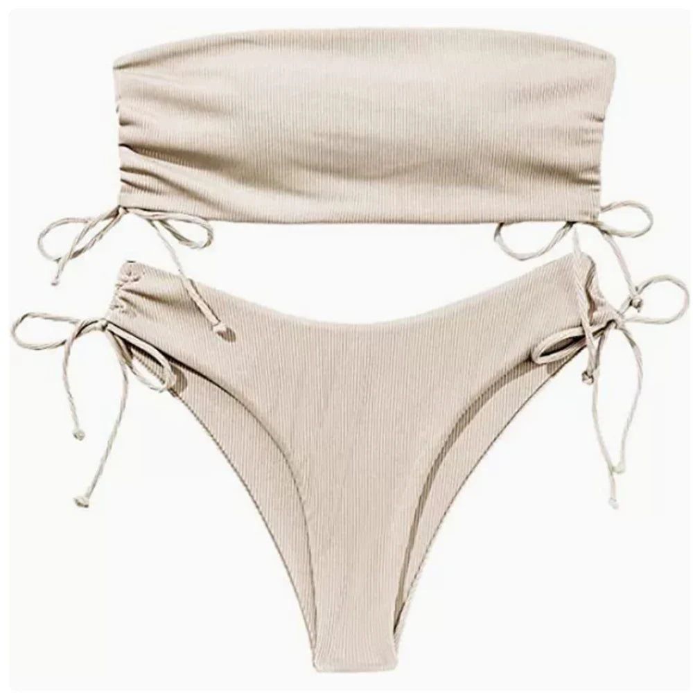2025 Sexy Low Waist Swimwear New Solid Bandeau Bikini Set Women Push Up Drawstring Beachwear Swimsuit Backless bathing suit - Sun Studio