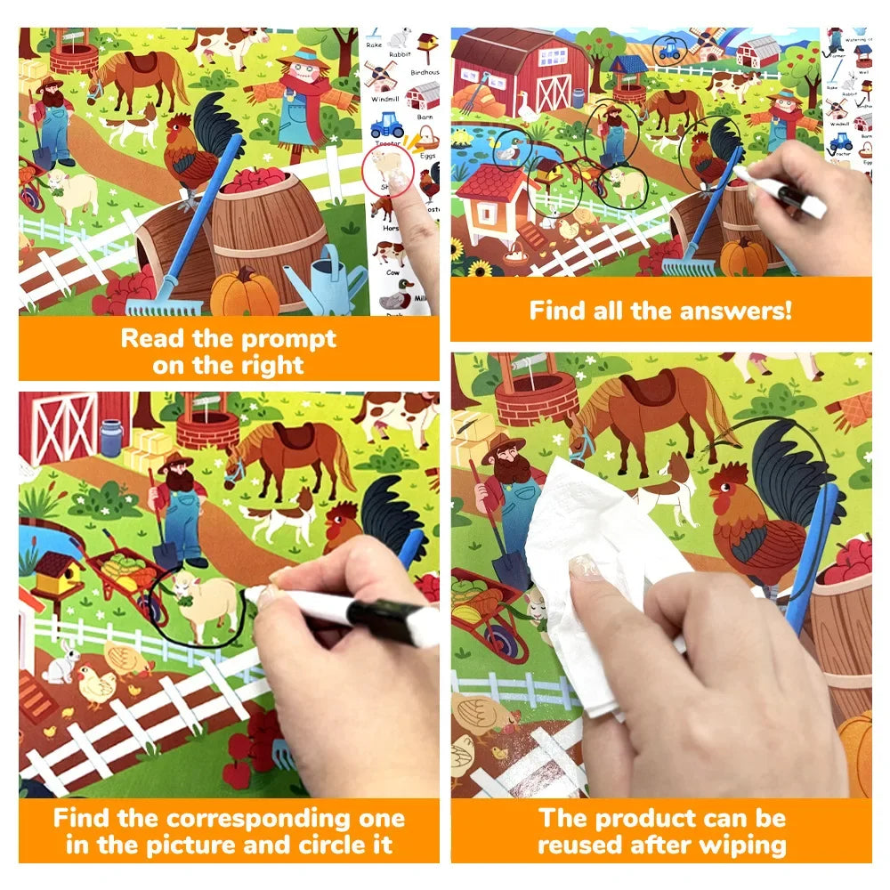 Search and Find Game Looking for Different 3 Themes Interactive Activity Painting Kit Drawing Books with Reusable Pen - Sun Studio