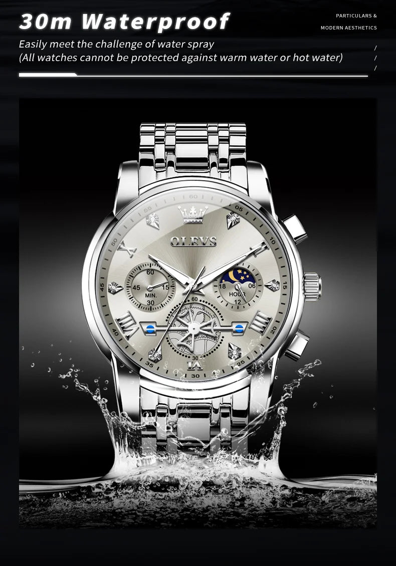 OLEVS Men's Watches Classic Multifunctional Flywheel Design Stainless steel Waterproof Moon Phase Men's Wristwatches 2024 Trend - Sun Studio