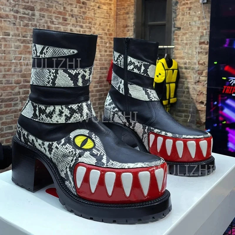 Men's Leopard Graffiti Teeth Totem Boots Black Leather Patent Leather Block Heels Thick Sole Zip Fashion Round Toe Shoes Street - Sun Studio