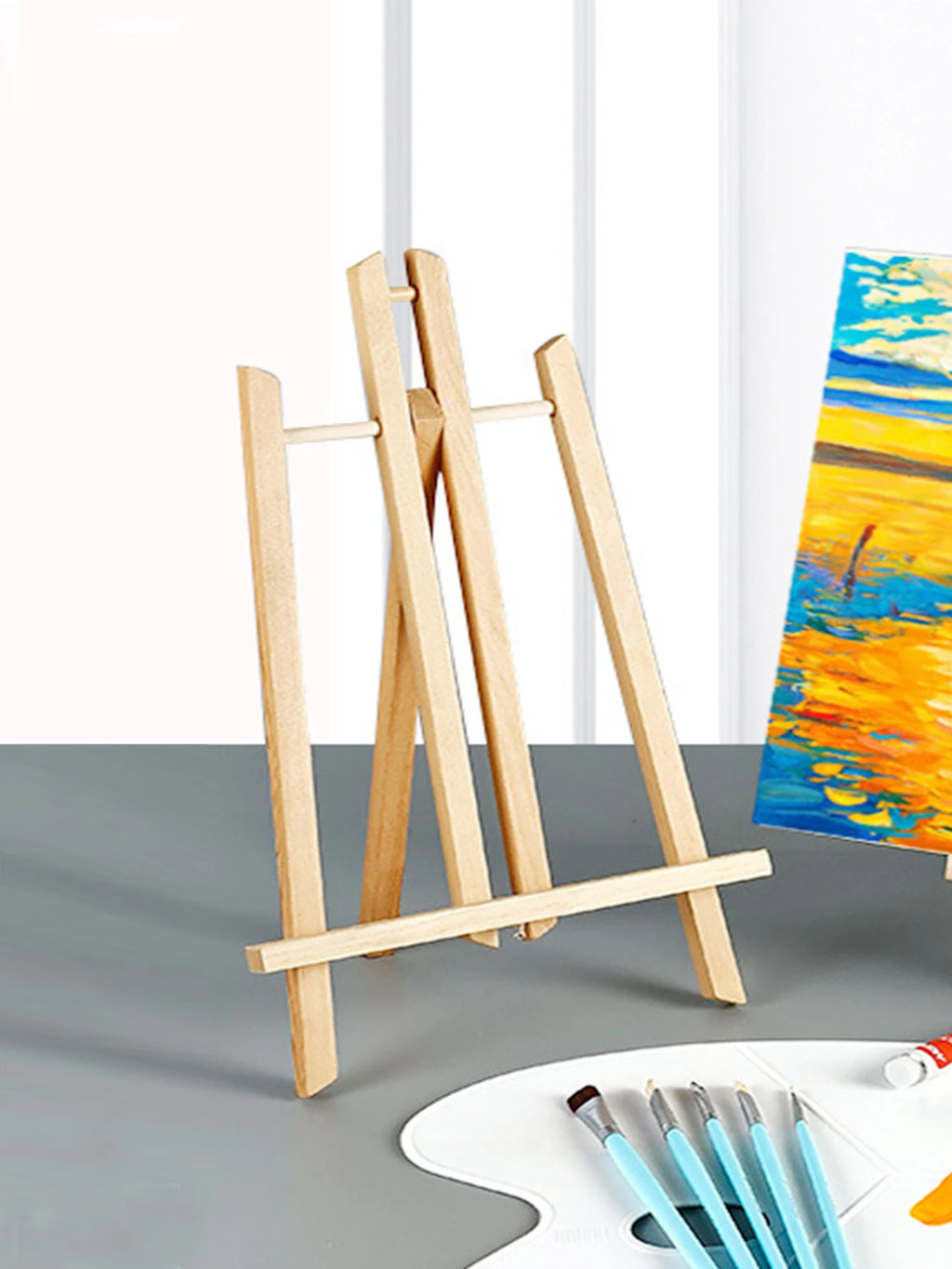 1pc Wooden Trapezoidal Small Easel, Foldable Display Bracket On The Desktop, Painting Party Easel, Used For Painting Art Display - Sun Studio