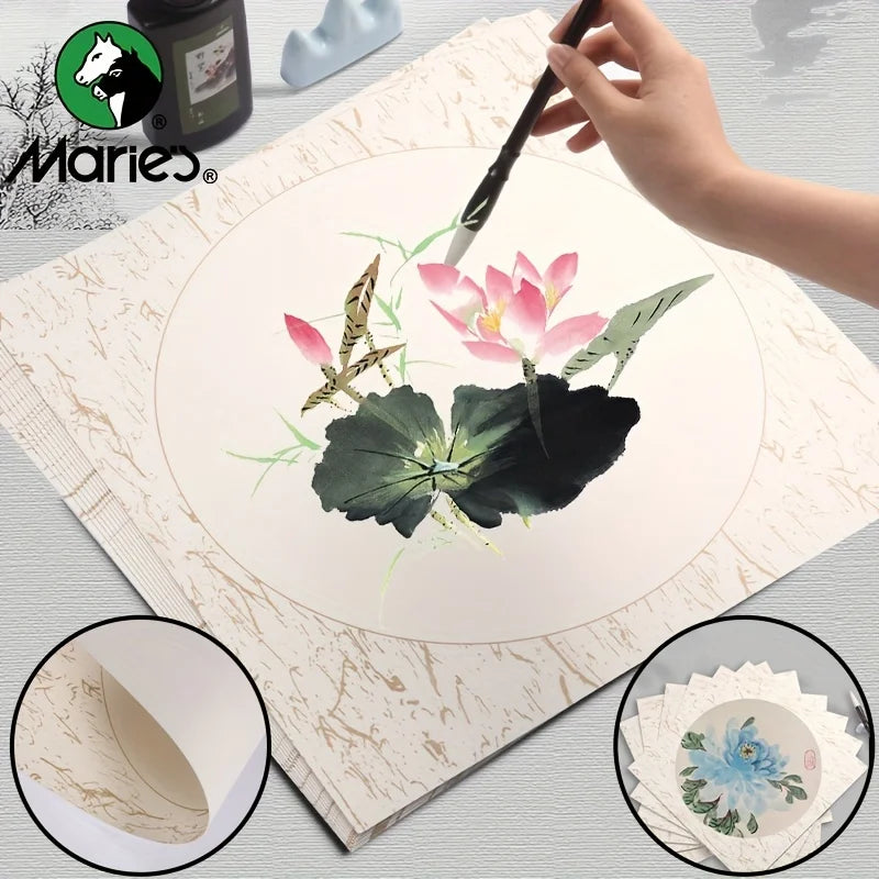 Marie's Rice Paper 10 Sheets 13 x13 in for Chinese Painting Soft Round Xuan Paper Half Raw for DIY Craft,Great for Artist,Adults - Sun Studio