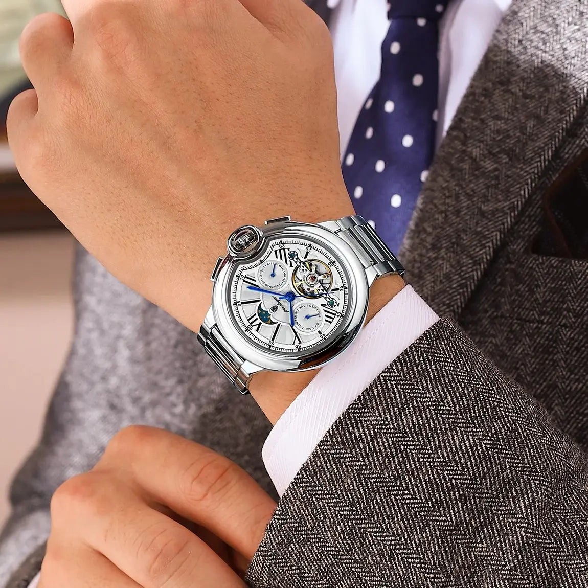 POEDAGAR Luxury Male Watch Business Date Week Stainless Steel Tourbillon Men Clock Waterproof Automatic Mechanical Men's Watches - Sun Studio
