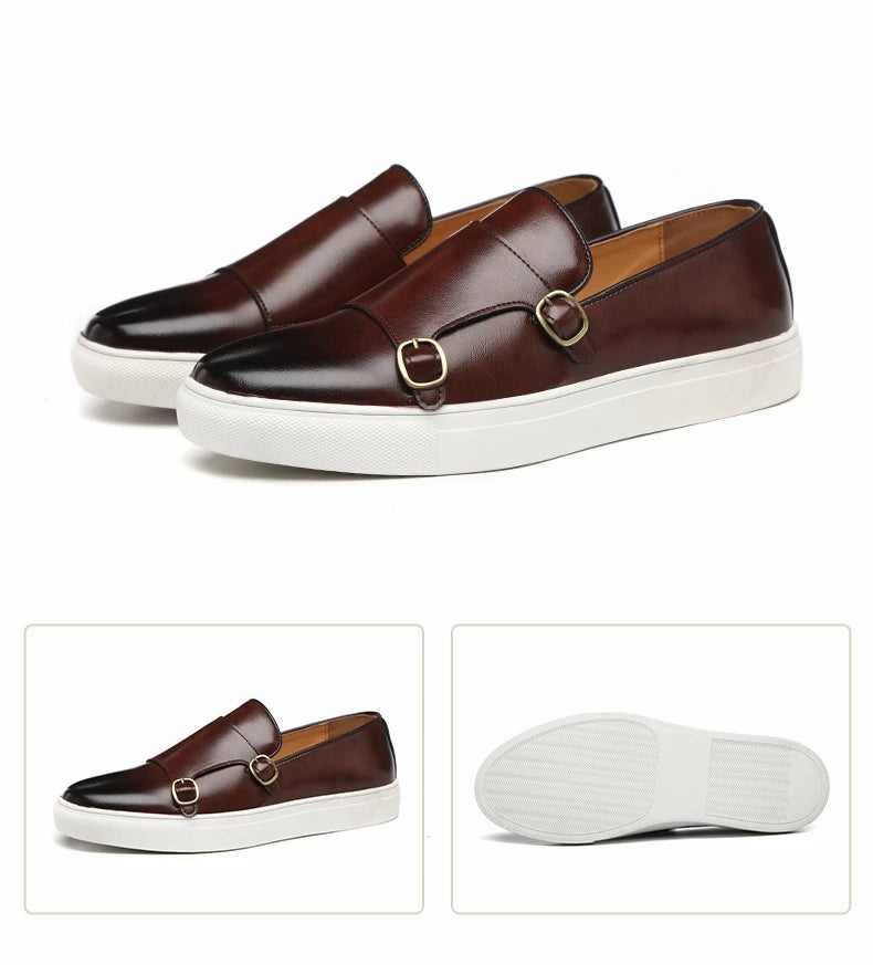 Fashion Man Casual Shoes Leather Men's Retro British Style Loafers Slip-on Outdoor Flats Double Monk Business Daily Shoe - Sun Studio