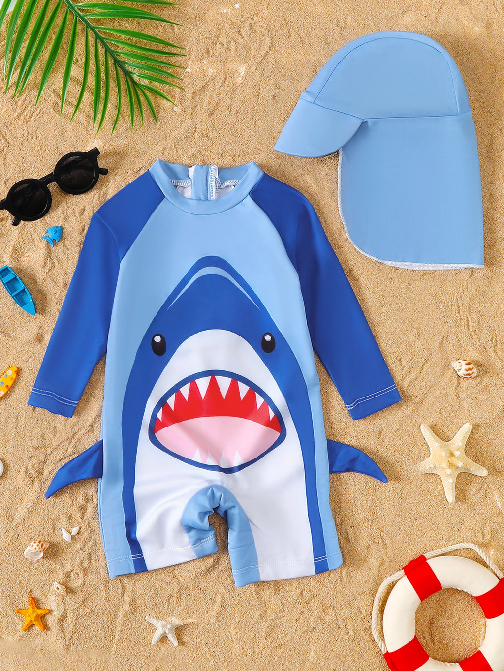 Baby Boy Summer Shark Print Long Sleeve Onesie Swimsuit with Hat Infant Swimwear Cover-up Clothing Accessory - Sun Studio