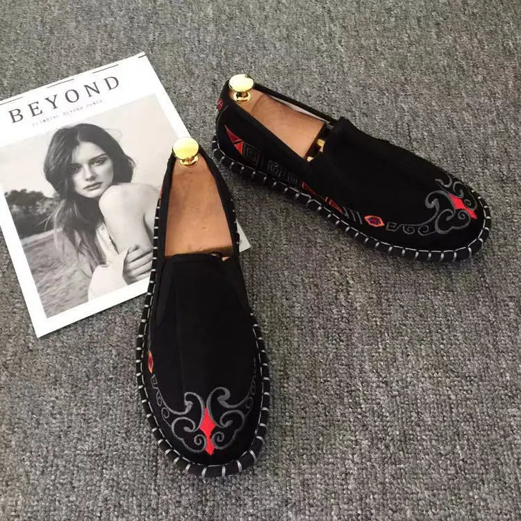 Old Beijing Cloth Shoes Embroidery Flower Social Guy Male Moccasin-Gommino Student Casual Shoes Fashion National Chinese Style