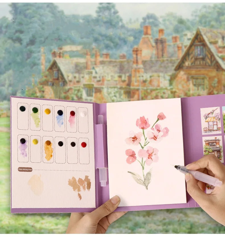 Bview Art Travel Watercolor Painting Set with Tri-Fold Book, Built-in 12 Colors & Stress Relief Note Paper for DIY Art Therapy - Sun Studio