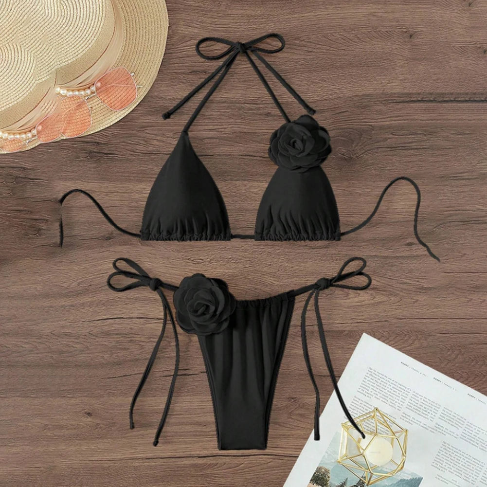 Sexy Bikini Swimsuit Suit 3D Flowers Halter Strappy Bikini Women Swimwear Female Swimsuit 2pcs Bikini Set Bather Bathing Suit - Sun Studio