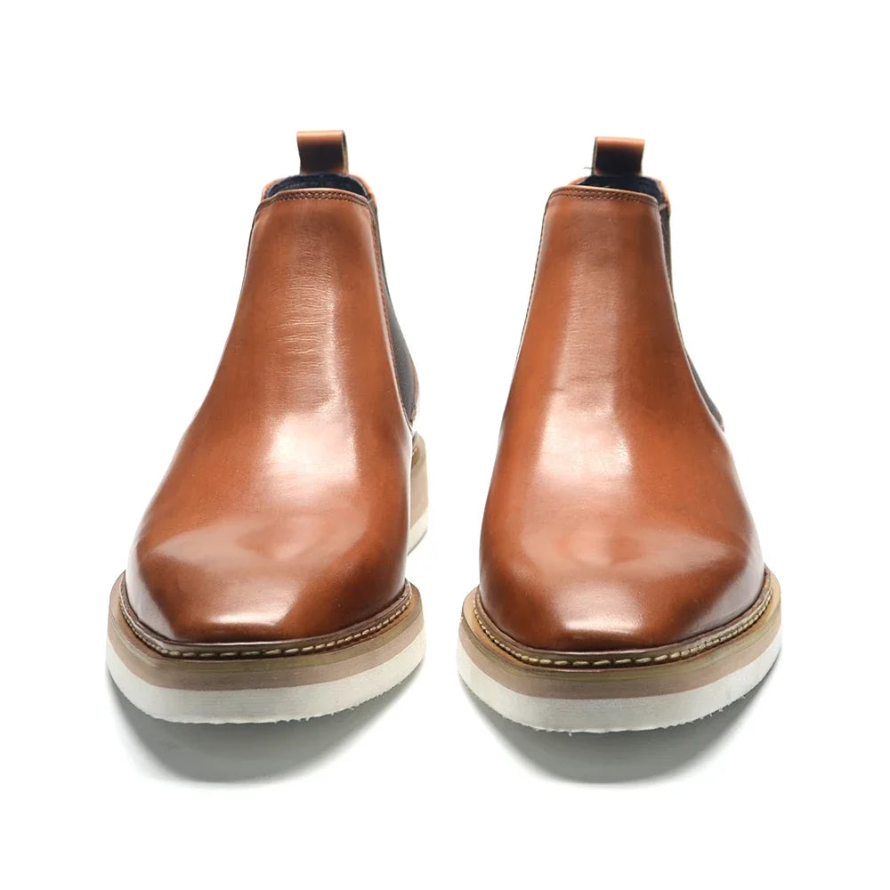 British Style Cow Genuine Leather Men's Chelsea Ankle Boots Slip-on Elastic Band High Top Sneakers Casual Dress Boot for Men