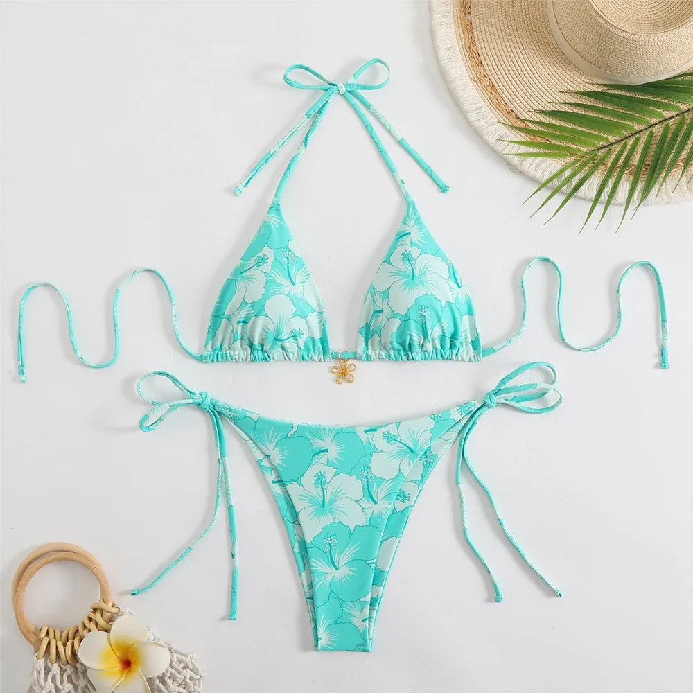 Blue Floral Print Swimwear Halter String Triangle Bikini Micro Mini Thong Sexy Swimsuit Women 2026 Bather Biquinis Bikinis Sets - Sun Studio