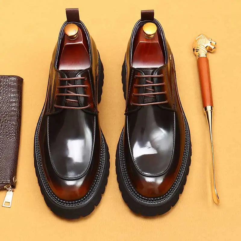 designer men's leather shoes with thick soles round toe glossy leather business dress shoes Waxed cowhide lace up British shoes - Sun Studio